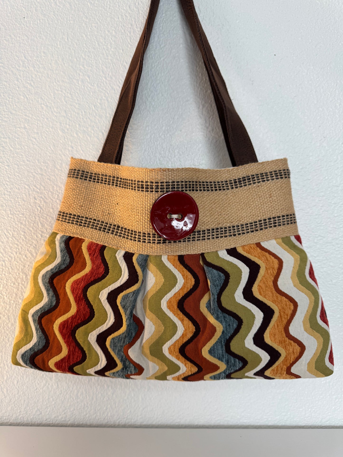 Colorful Tapestry Handbag Tote Purse with Jute Webbing and Button