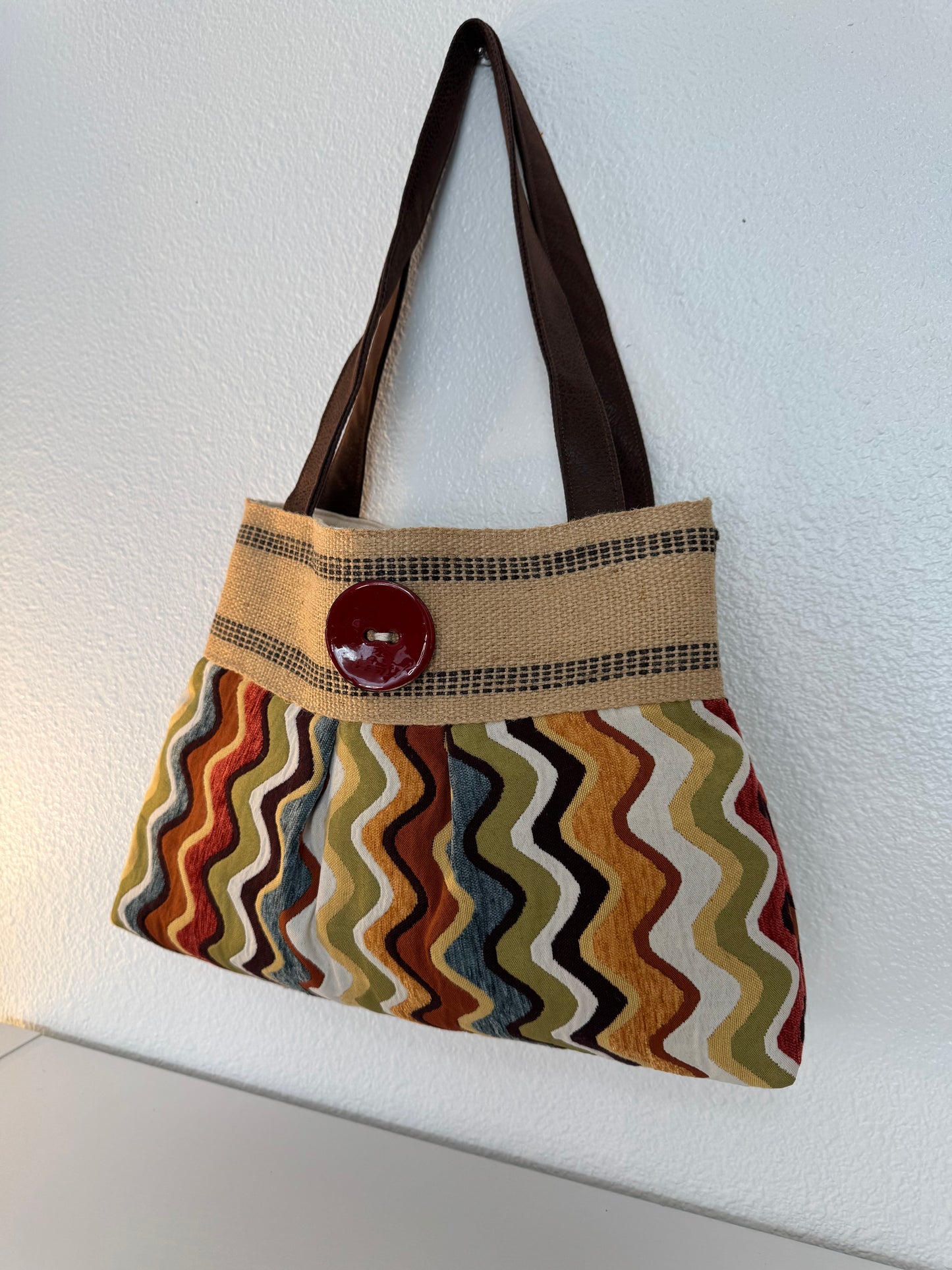 Colorful Tapestry Handbag Tote Purse with Jute Webbing and Button