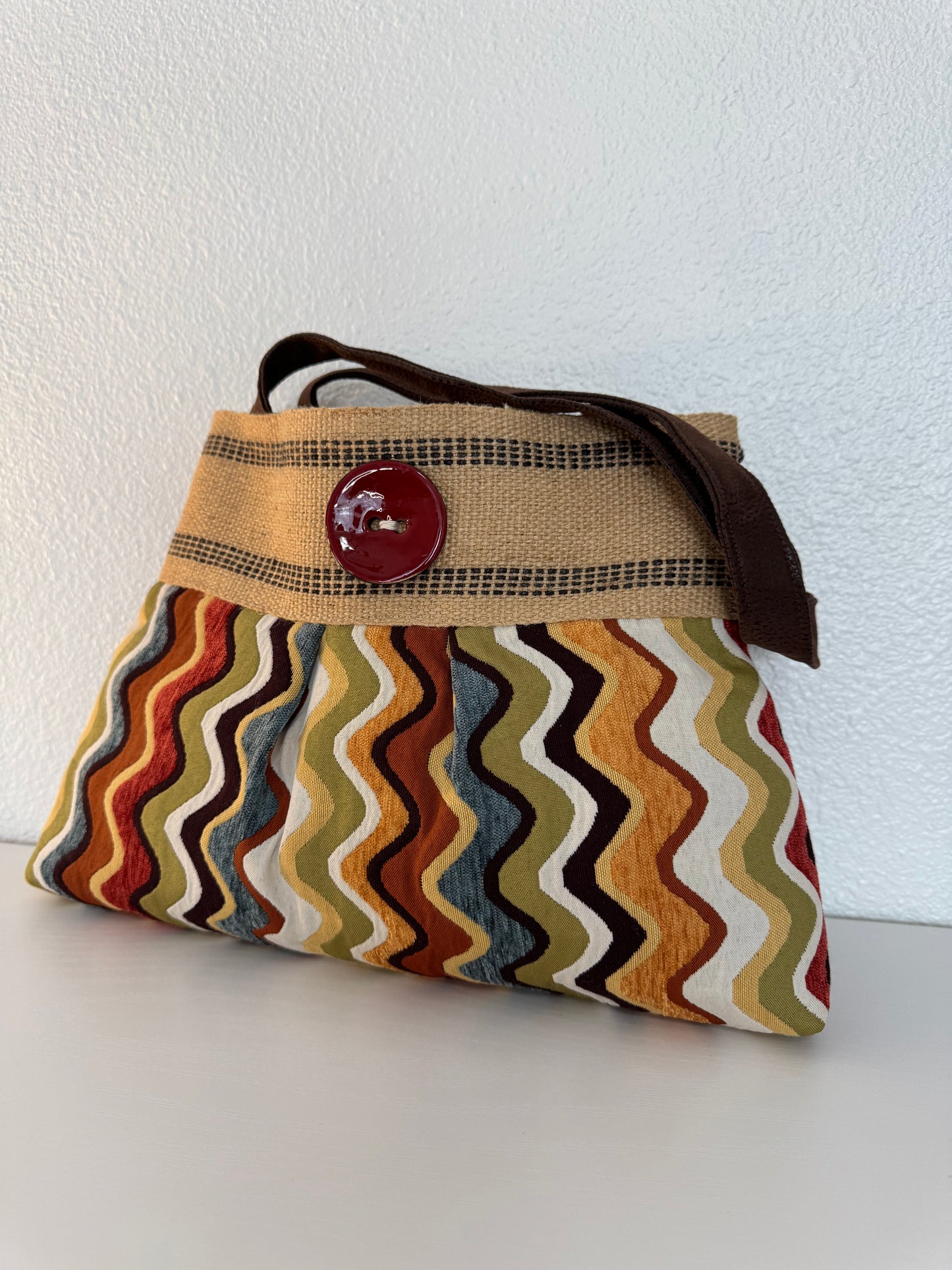 Colorful Tapestry Handbag Tote Purse with Jute Webbing and Button