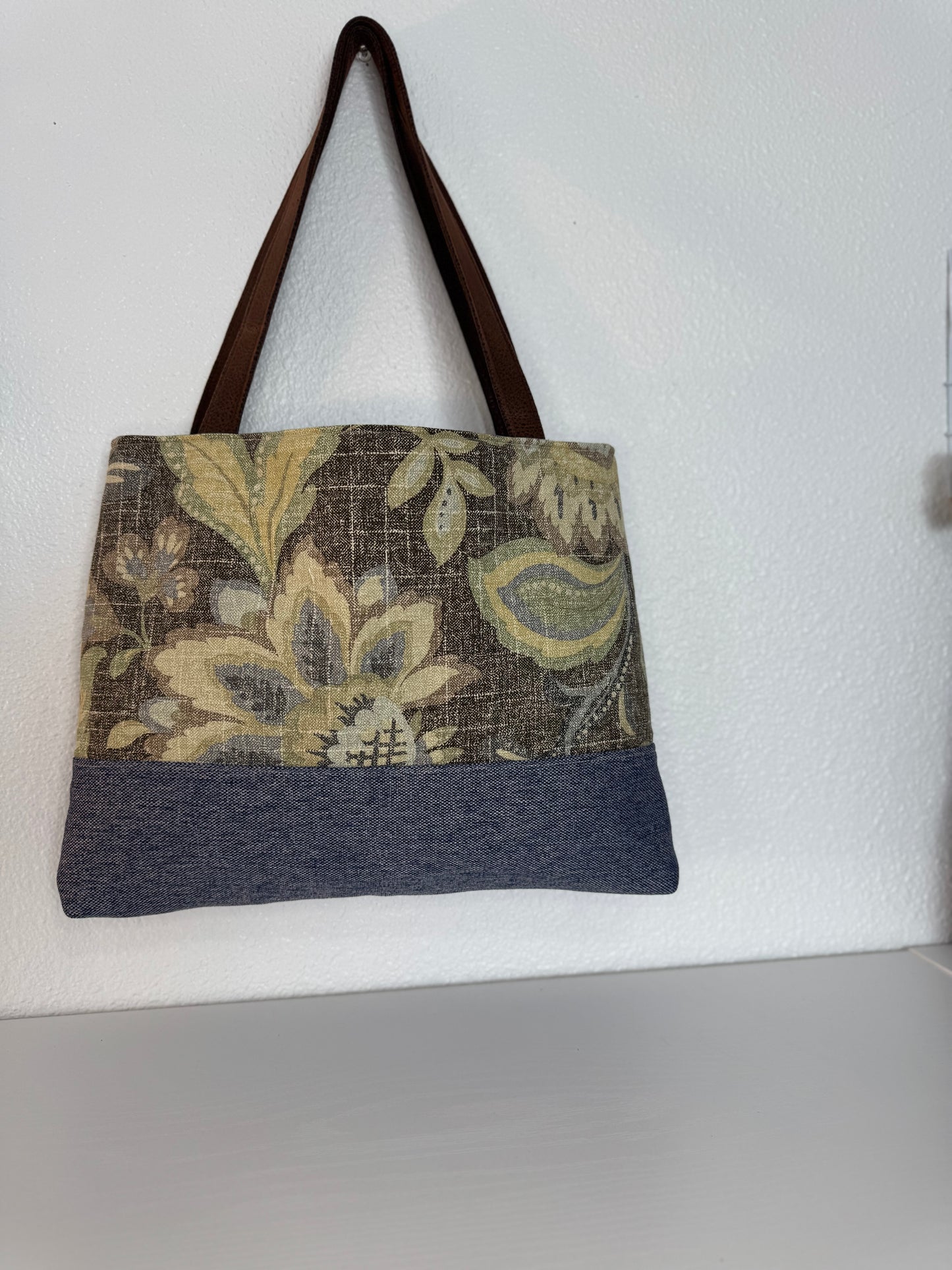 Handbag Purse Tote Bag Shoulder Tote in Blue and Brown Floral
