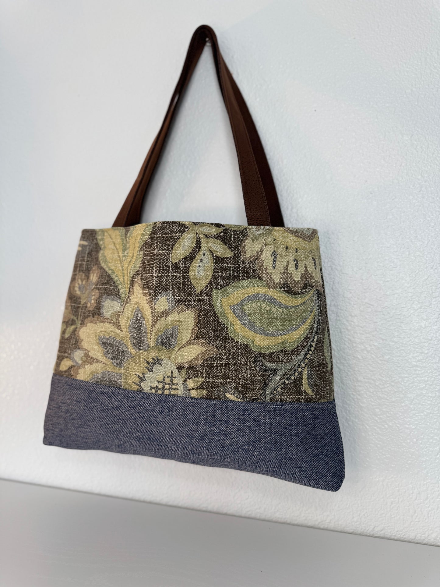 Handbag Purse Tote Bag Shoulder Tote in Blue and Brown Floral