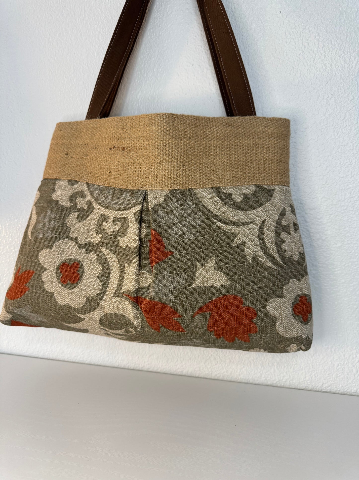 Grey and Brown Floral Tote Bag Purse with Jute Webbing