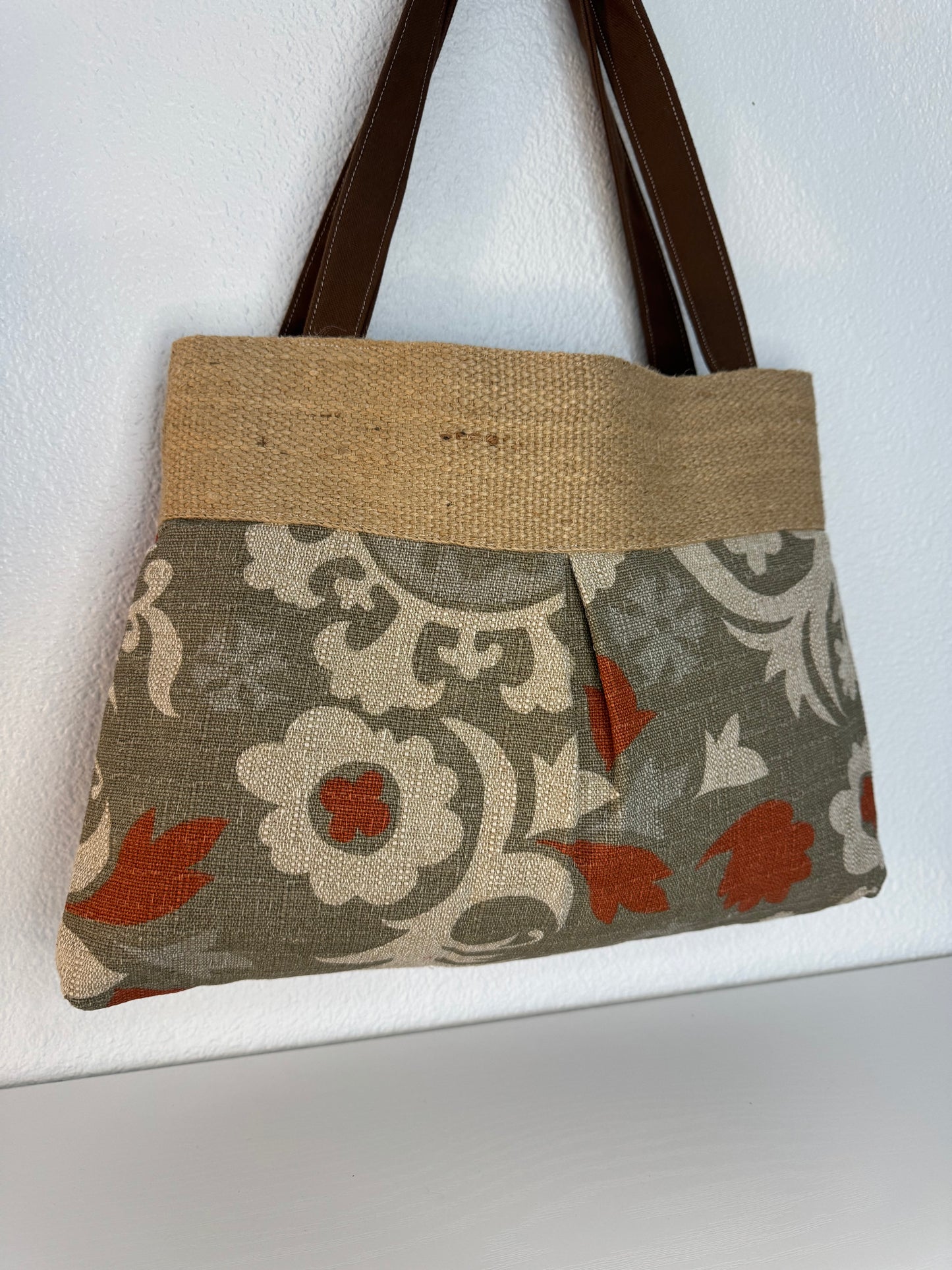 Grey and Brown Floral Tote Bag Purse with Jute Webbing