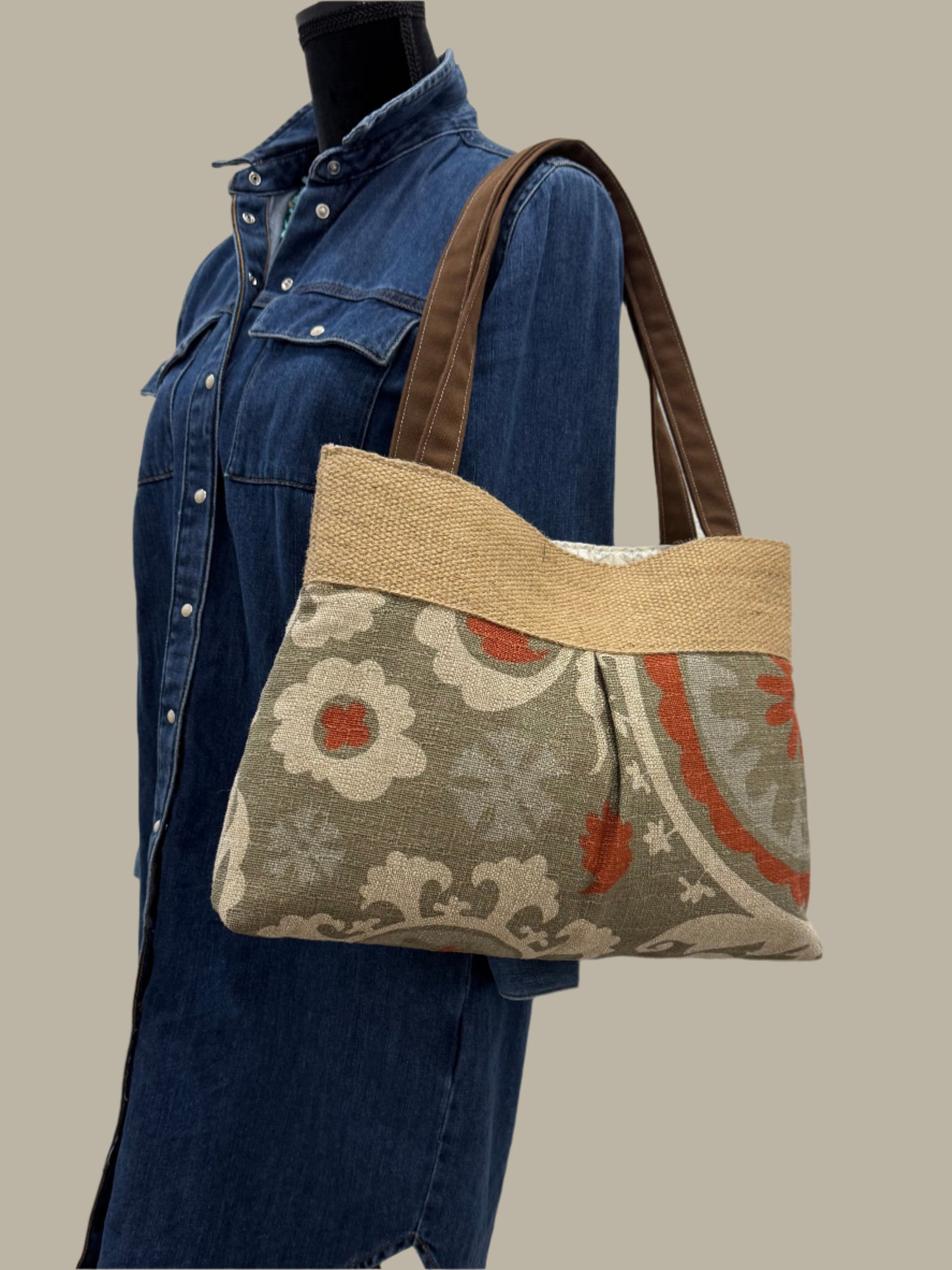 Grey and Brown Floral Tote Bag Purse with Jute Webbing