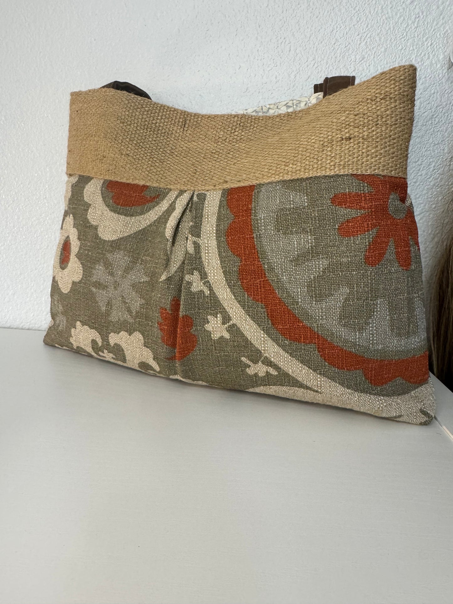 Grey and Brown Floral Tote Bag Purse with Jute Webbing