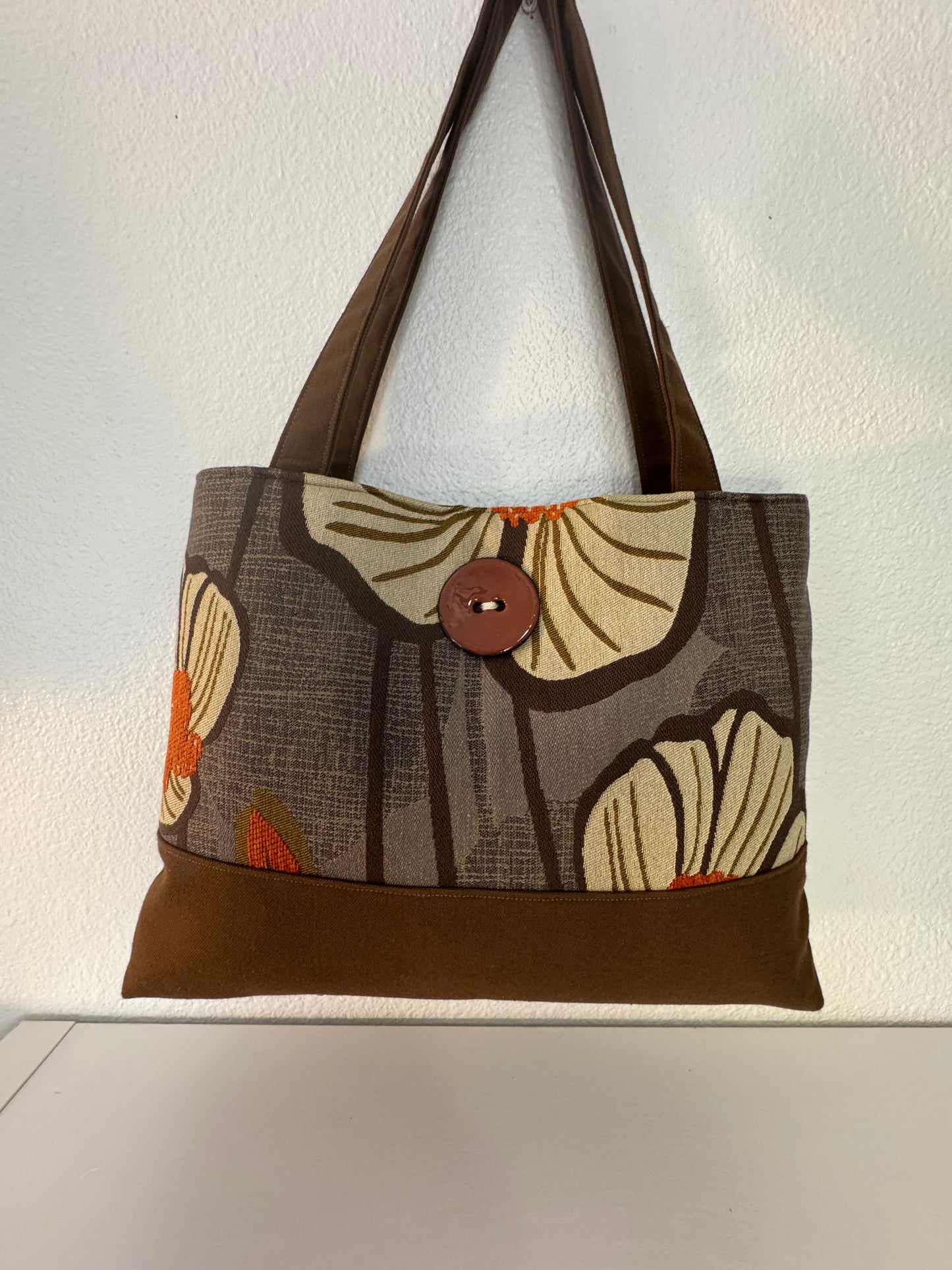 Gold and Brown Floral Handbag Tote Purse with Button