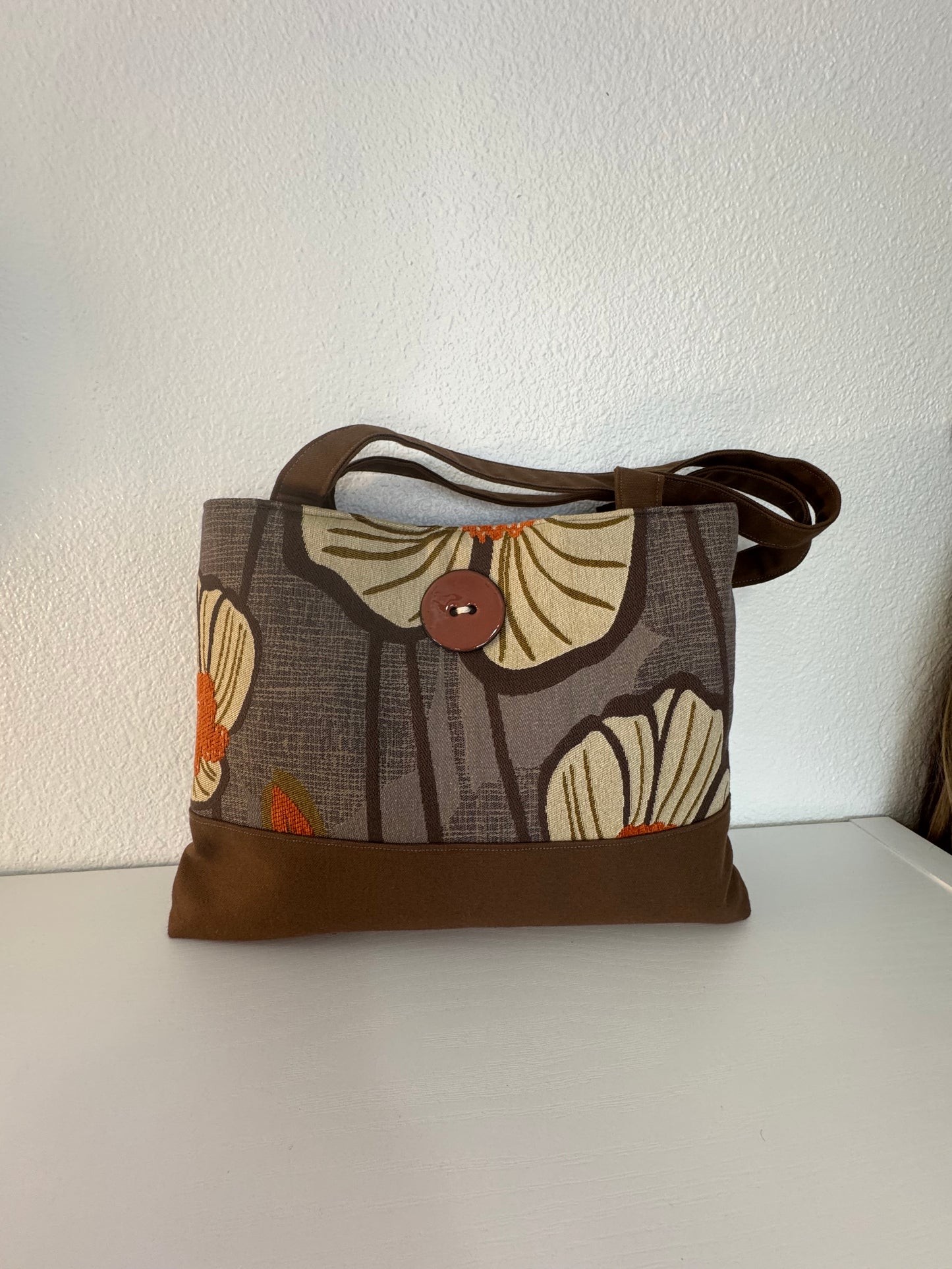 Gold and Brown Floral Handbag Tote Purse with Button