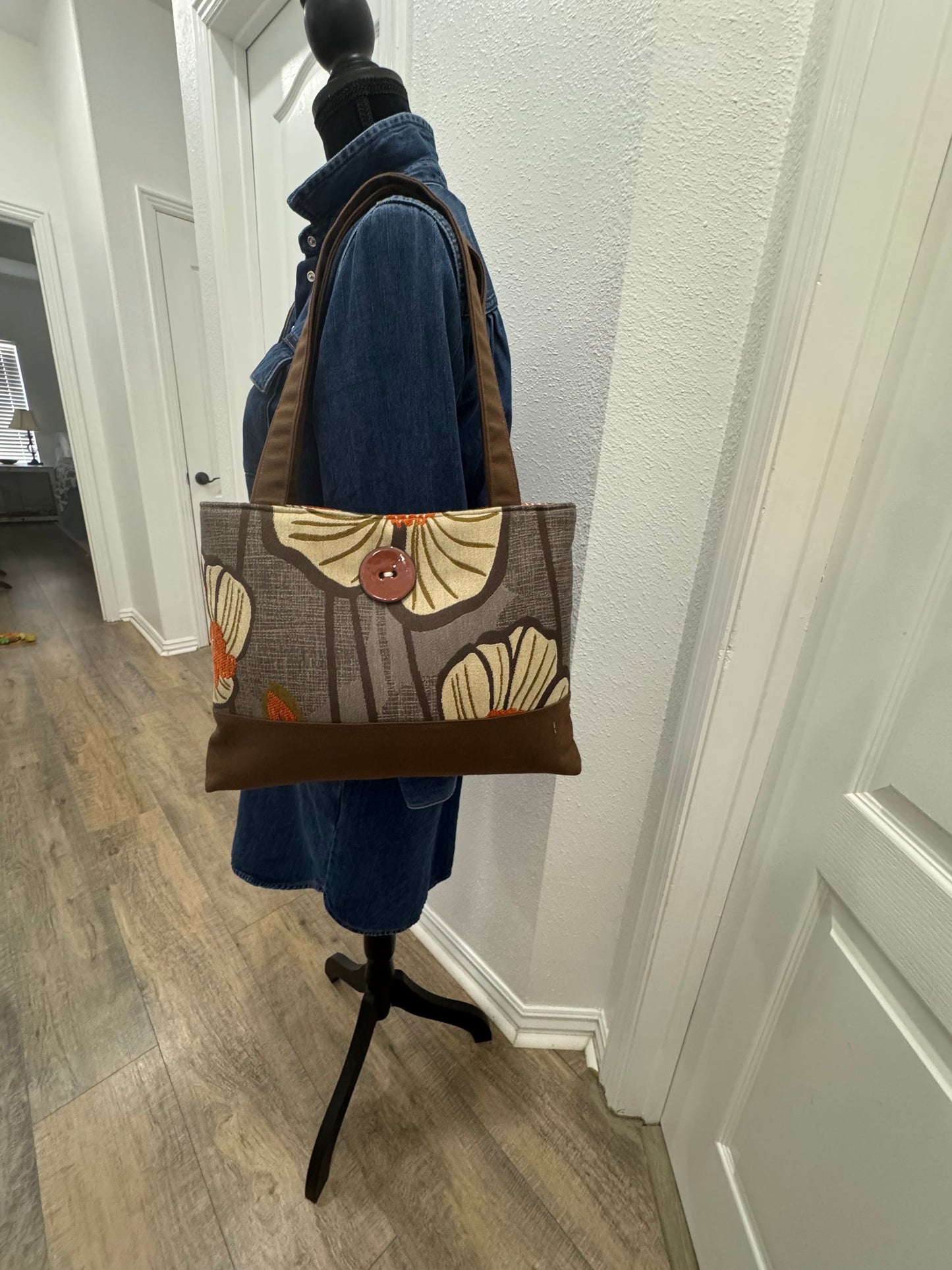 Gold and Brown Floral Handbag Tote Purse with Button