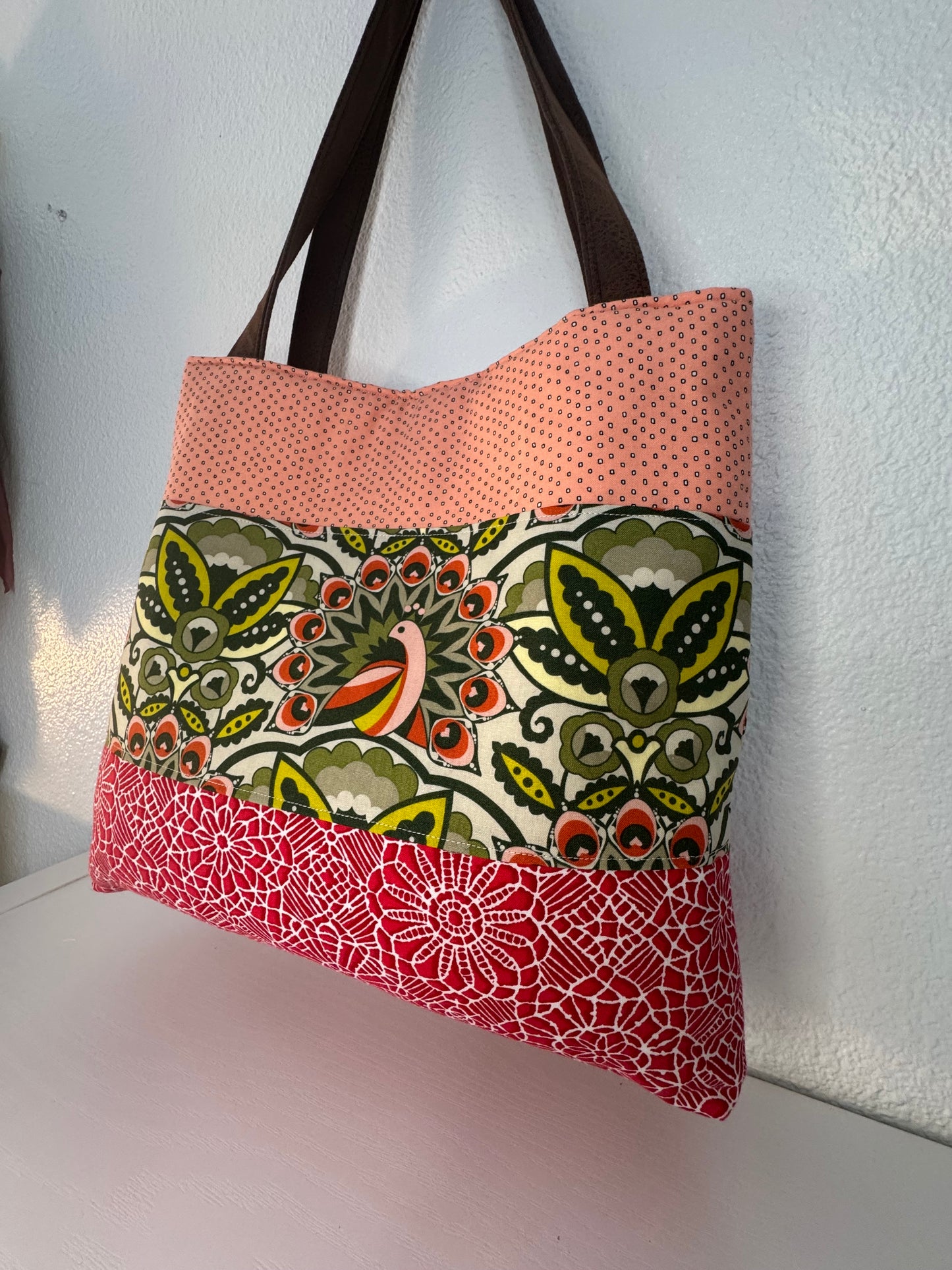 Cotton Peacock Print Tote Bag In Peach and Green