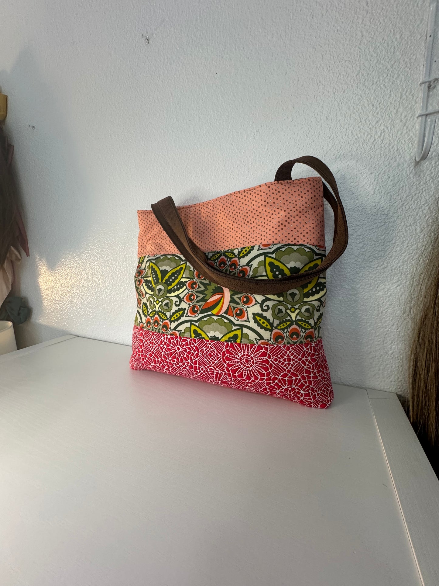 Cotton Peacock Print Tote Bag In Peach and Green