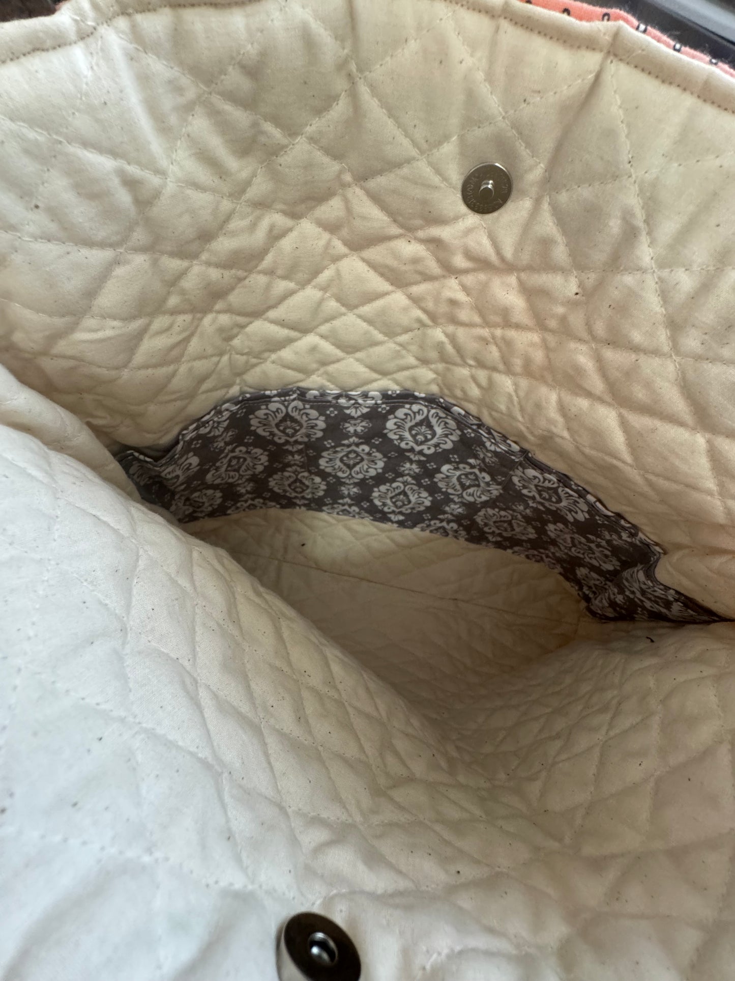 Cotton Peacock Print Tote Bag In Peach and Green