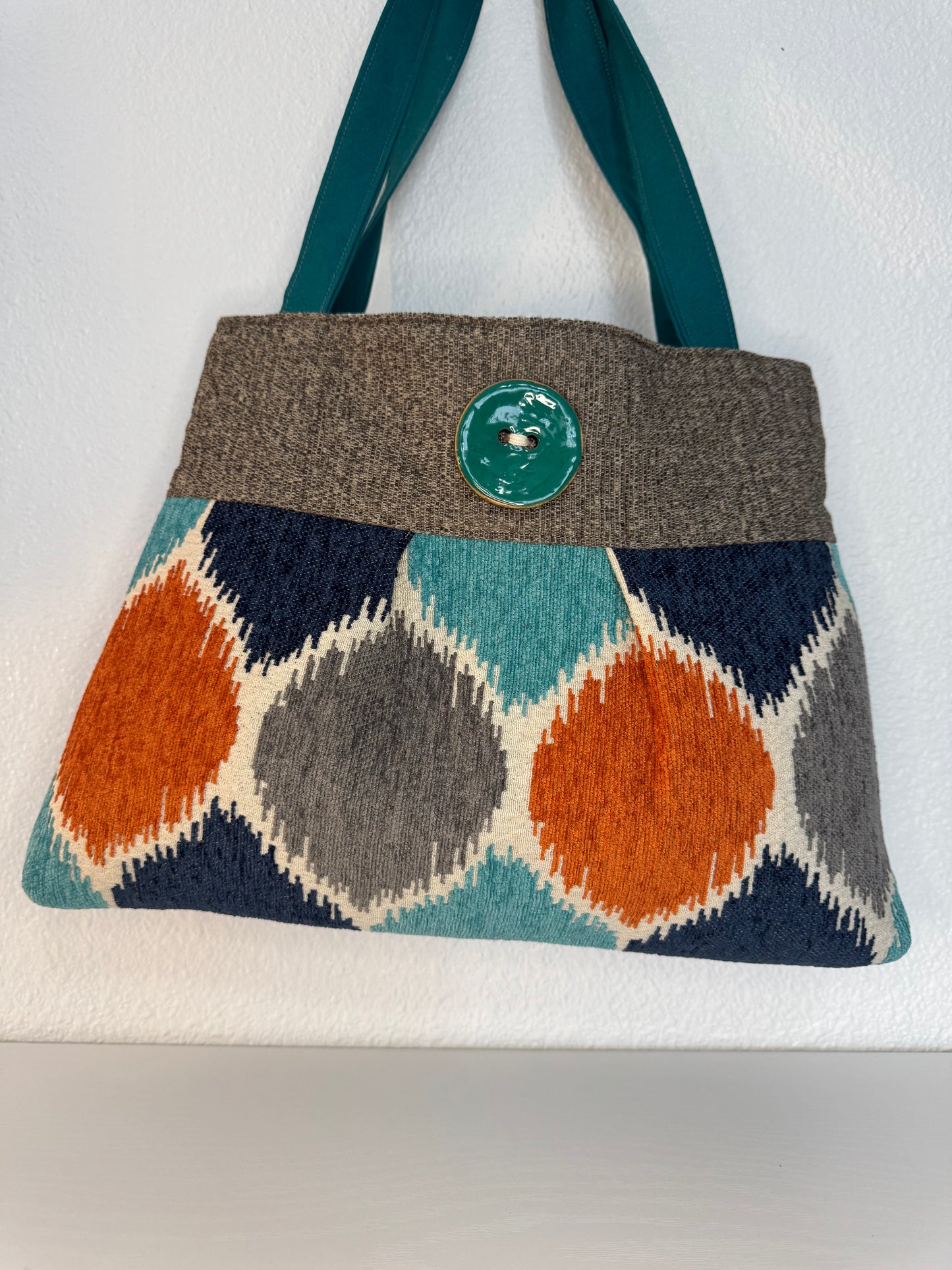 Pleated Teal and Orange Tapestry Purse Handbag with Button