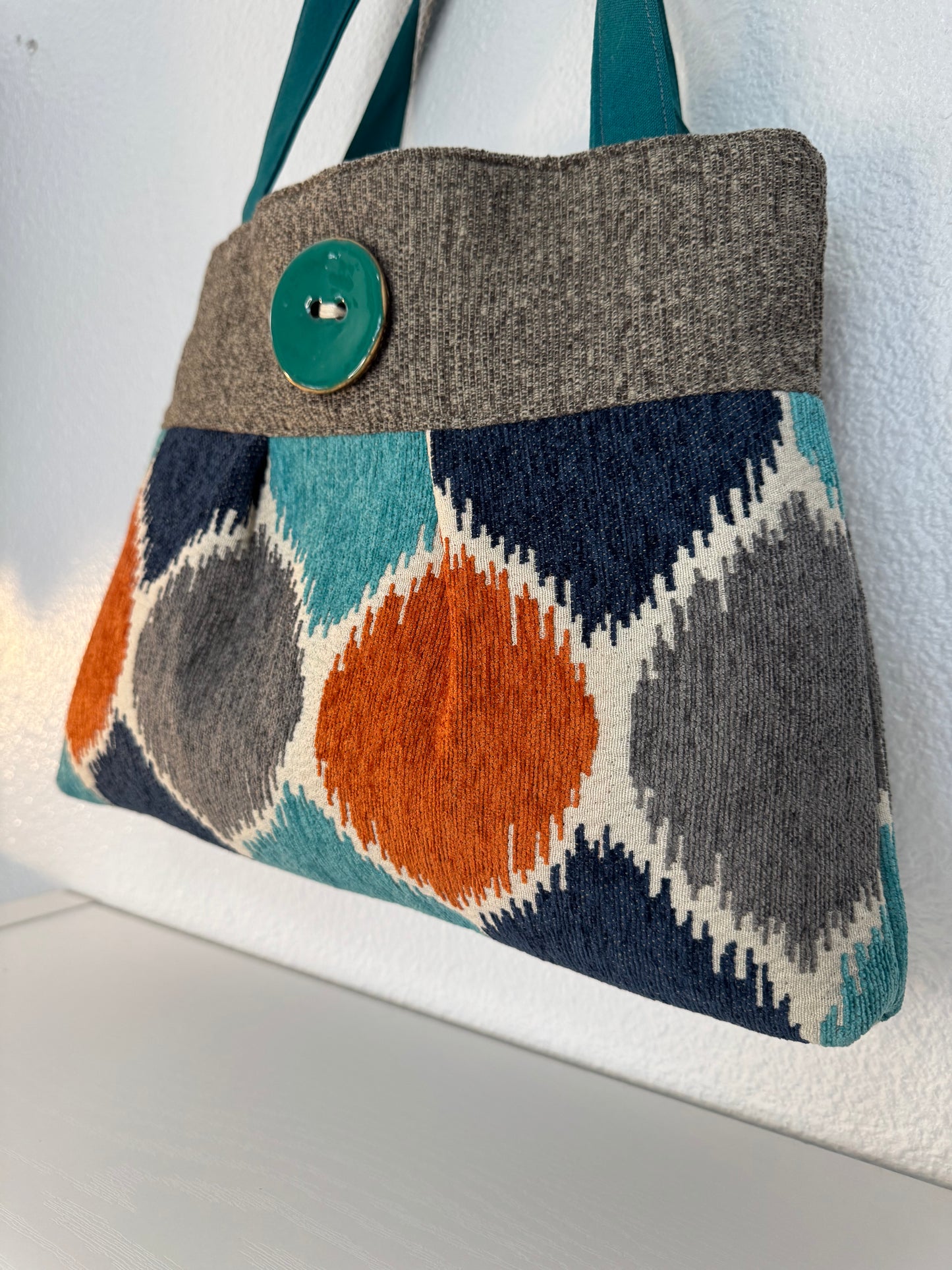 Pleated Teal and Orange Tapestry Purse Handbag with Button