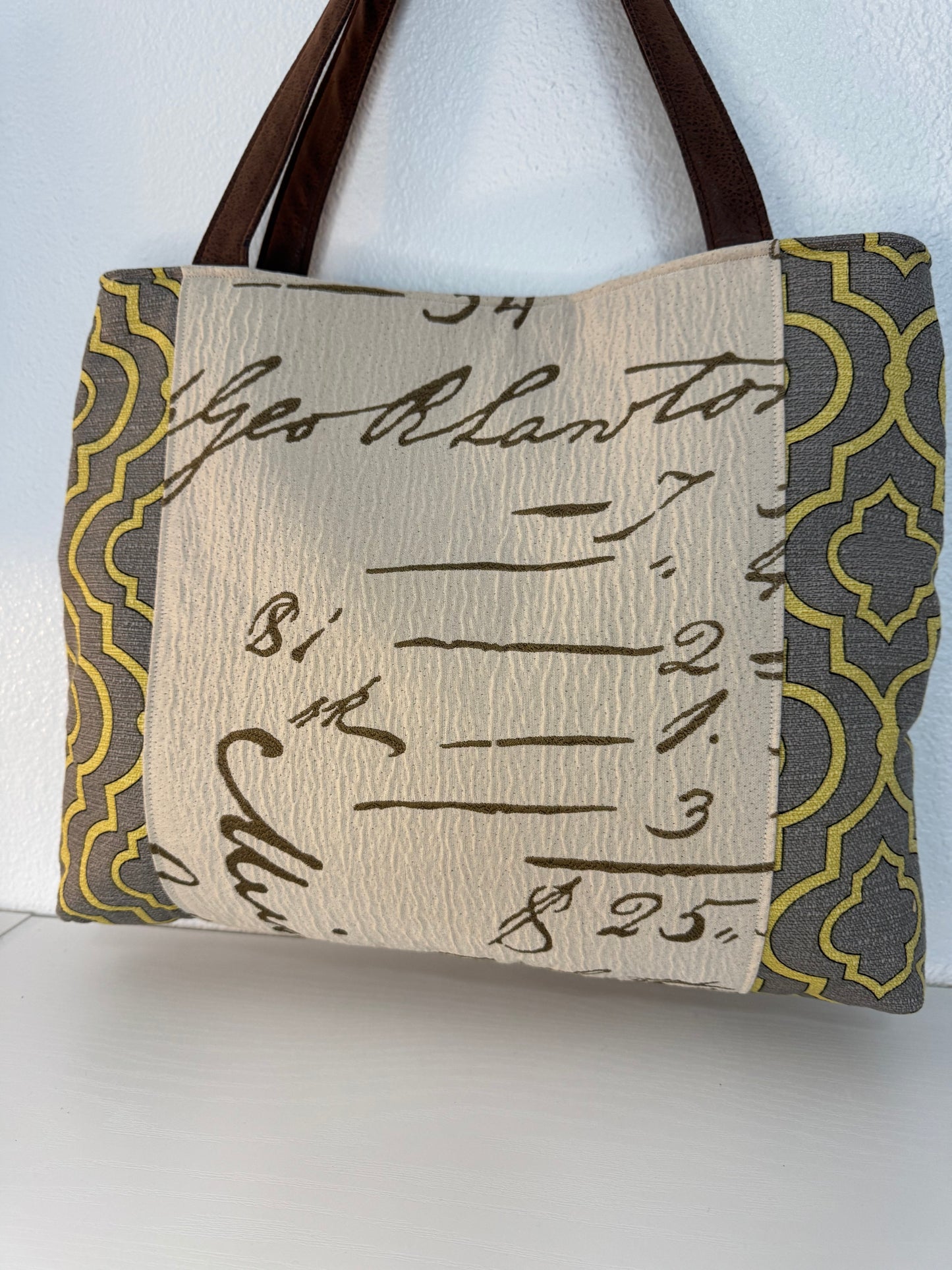 Script Pattern Tote Bag in Gray and Gold