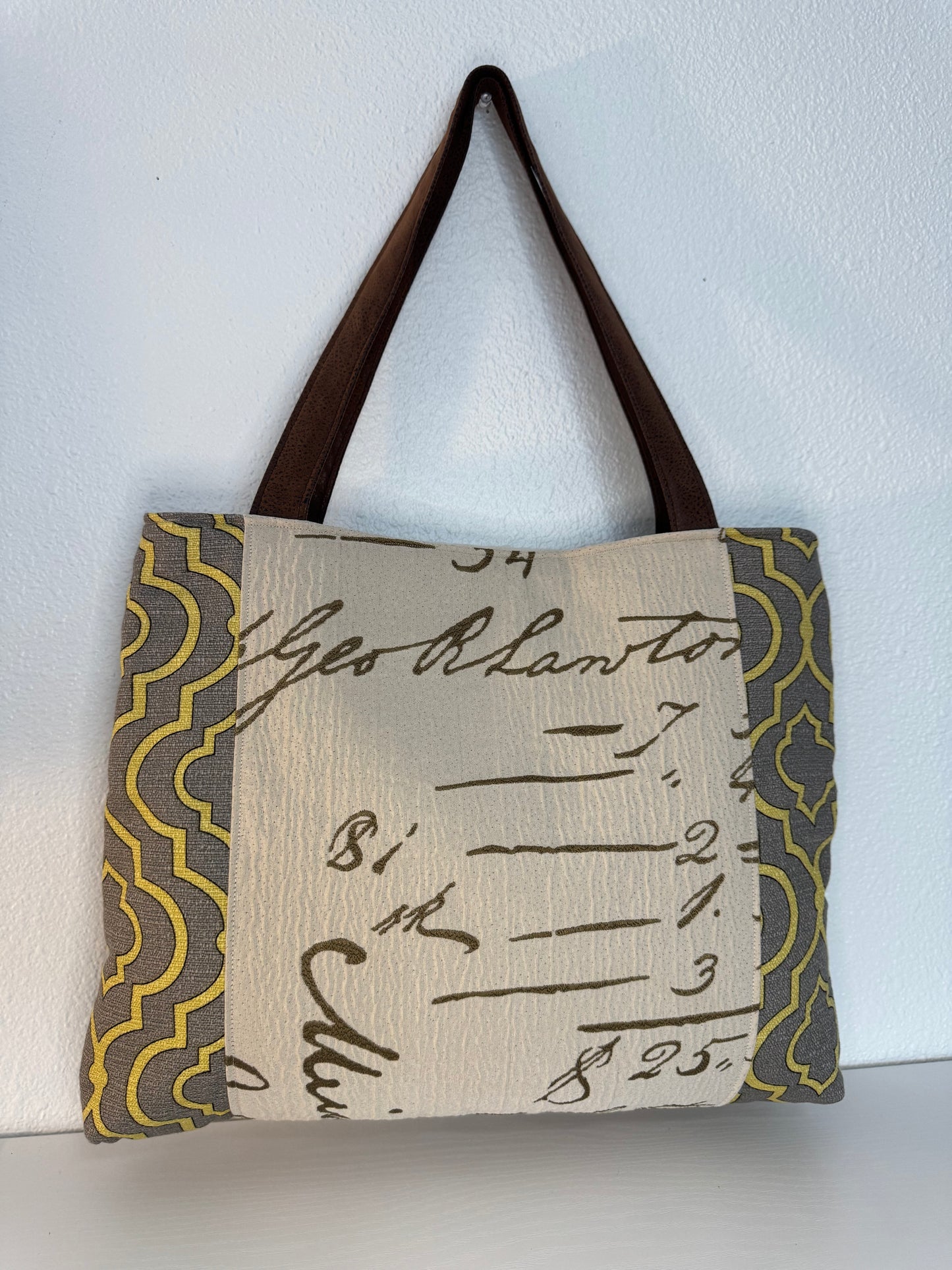 Script Pattern Tote Bag in Gray and Gold