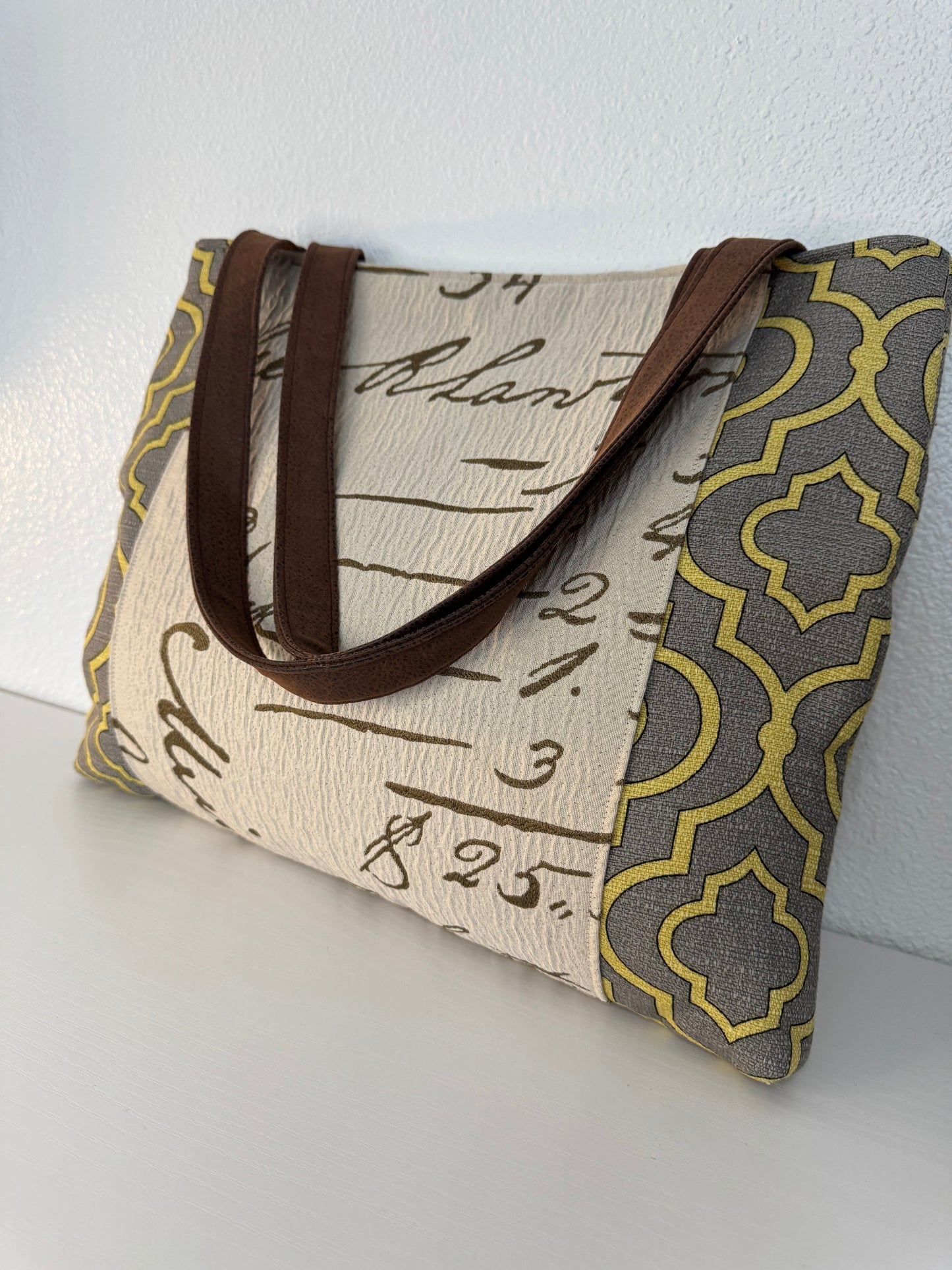 Script Pattern Tote Bag in Gray and Gold