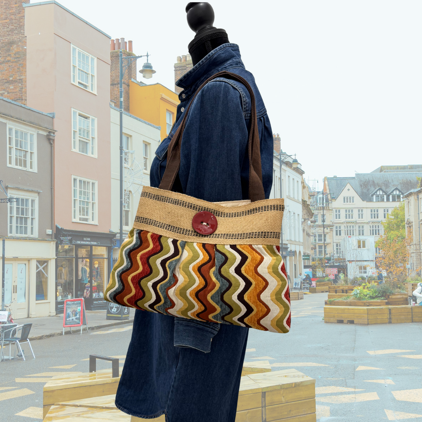 Colorful Tapestry Handbag Tote Purse with Jute Webbing and Button