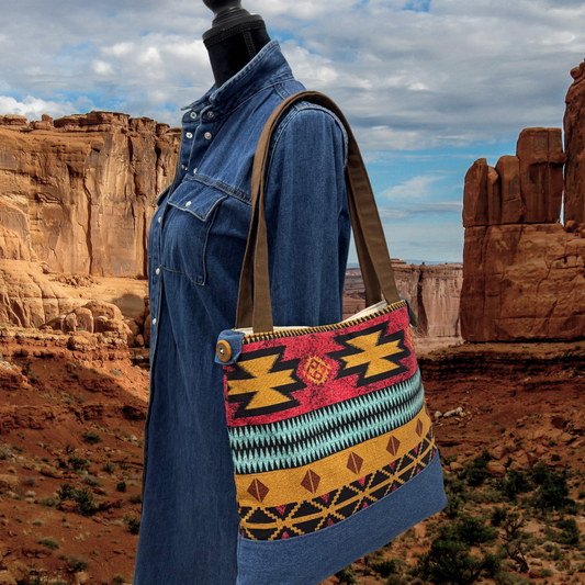 Red Southwest Print Tote with Jute Webbing and Red Button