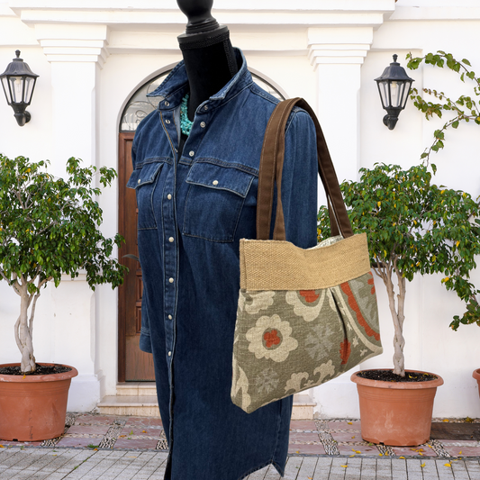 Grey and Brown Floral Tote Bag Purse with Jute Webbing