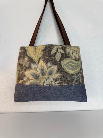 Handbag Purse Tote Bag Shoulder Tote in Blue and Brown Floral
