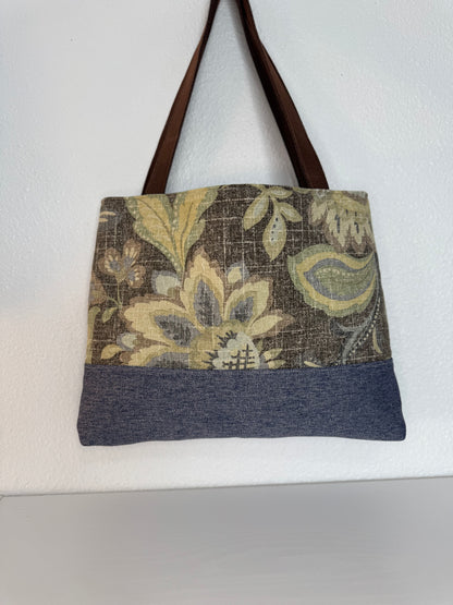 Handbag Purse Tote Bag Shoulder Tote in Blue and Brown Floral