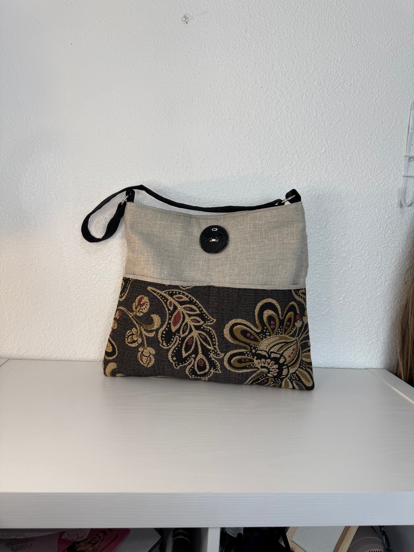 Handbag Purse Tote Bag Shoulder Tote in Black and Pink Print Tapestry with Black Button