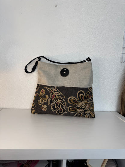 Handbag Purse Tote Bag Shoulder Tote in Black and Pink Print Tapestry with Black Button
