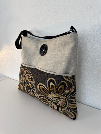 Handbag Purse Tote Bag Shoulder Tote in Black and Pink Print Tapestry with Black Button
