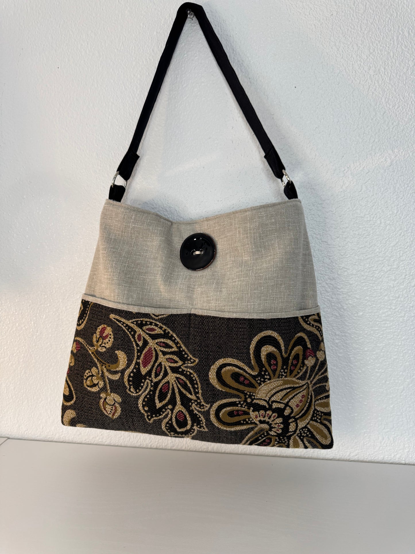 Handbag Purse Tote Bag Shoulder Tote in Black and Pink Print Tapestry with Black Button