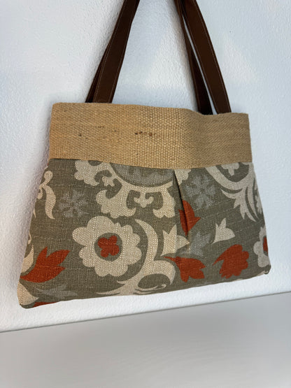 Grey and Brown Floral Tote Bag Purse with Jute Webbing