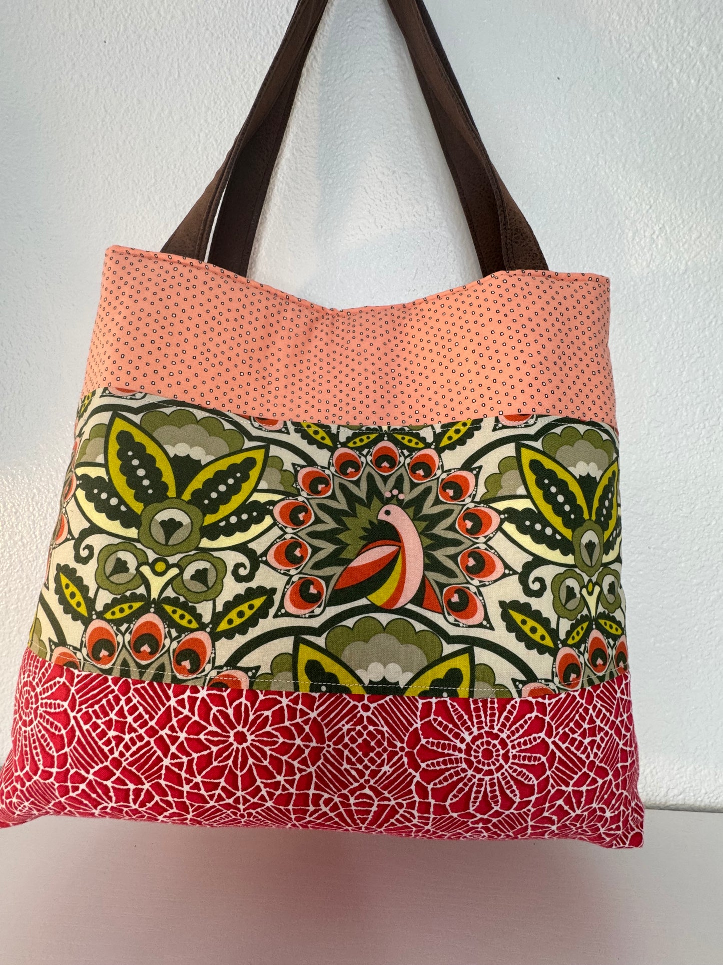 Cotton Peacock Print Tote Bag  In Peach and Green