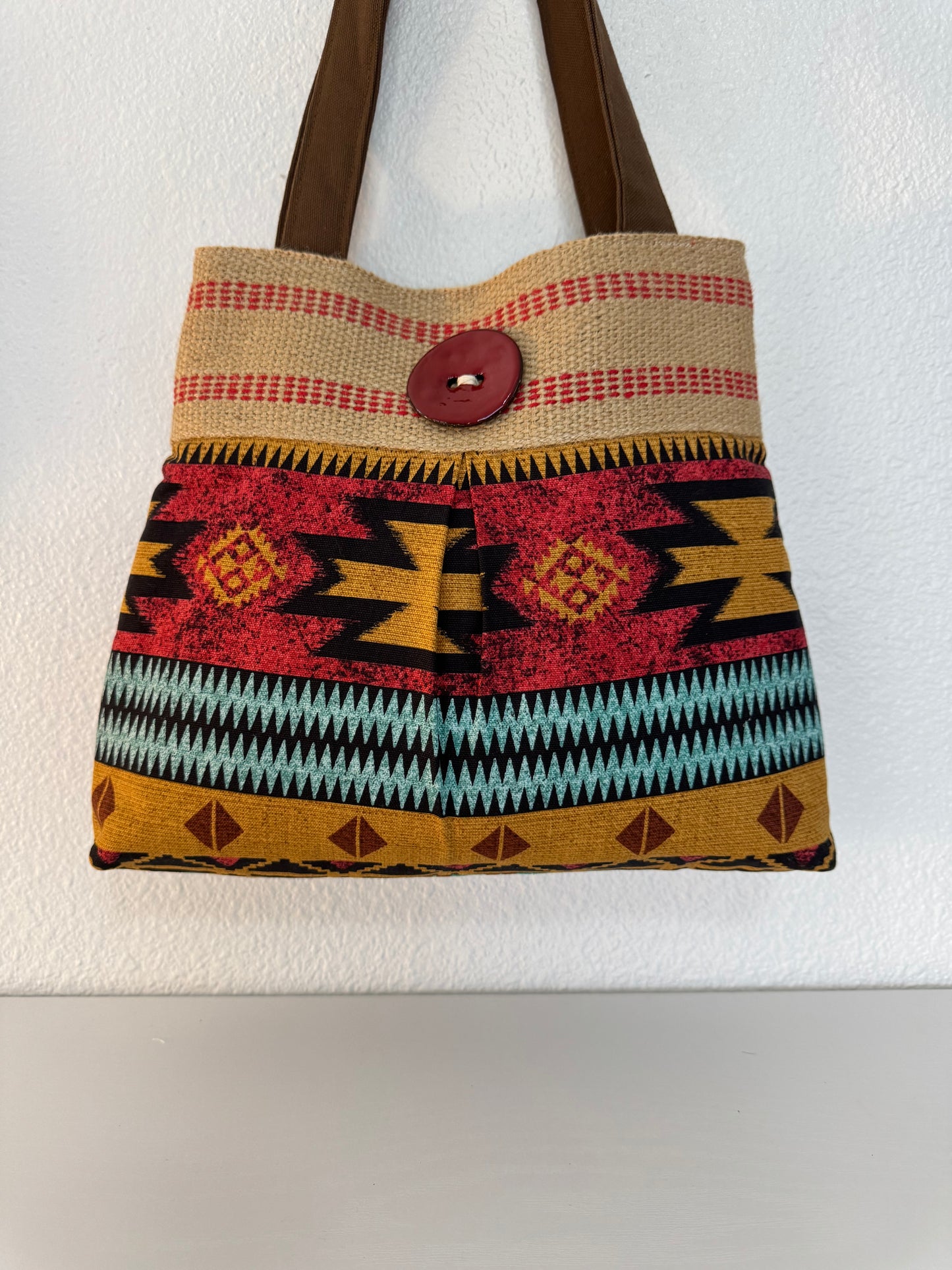 Red Southwest Print Tote with Jute Webbing and Red Button