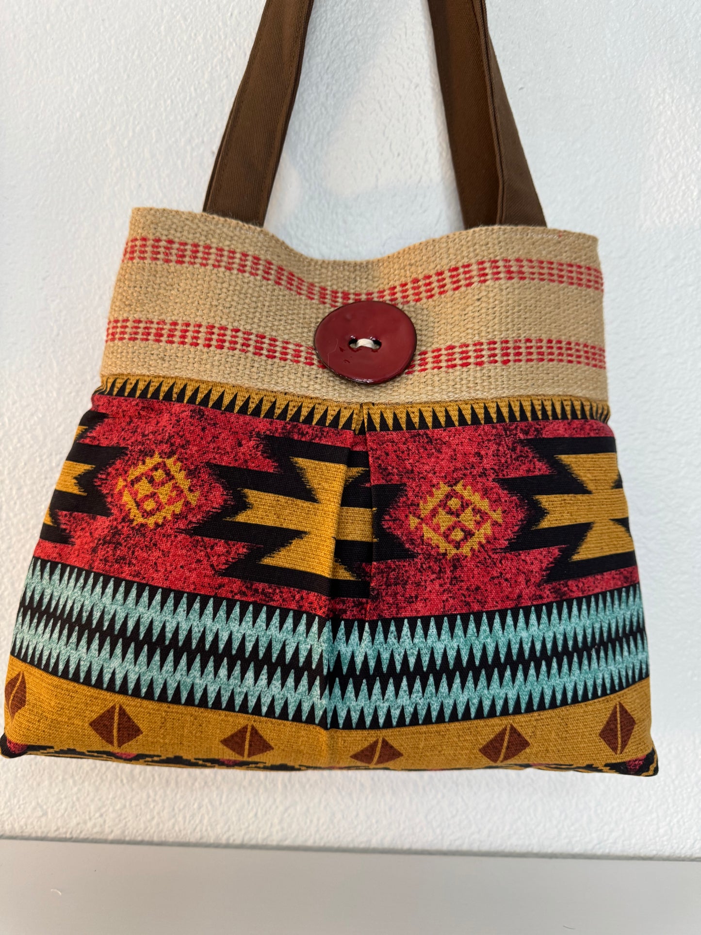 Red Southwest Print Tote with Jute Webbing and Red Button