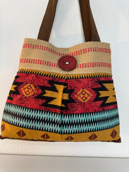 Red Southwest Print Tote with Jute Webbing and Red Button
