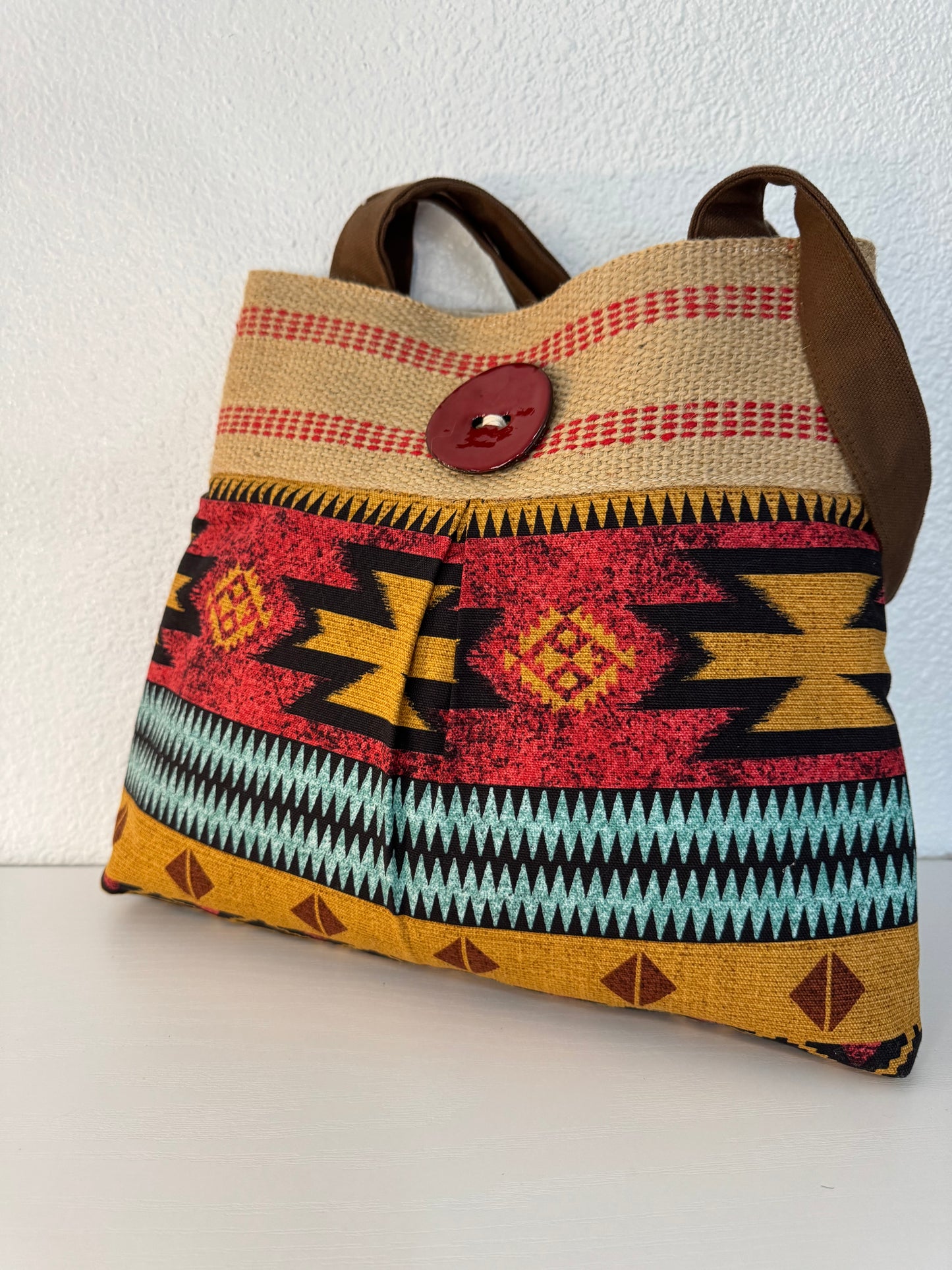 Red Southwest Print Tote with Jute Webbing and Red Button