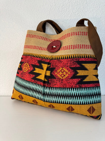Red Southwest Print Tote with Jute Webbing and Red Button