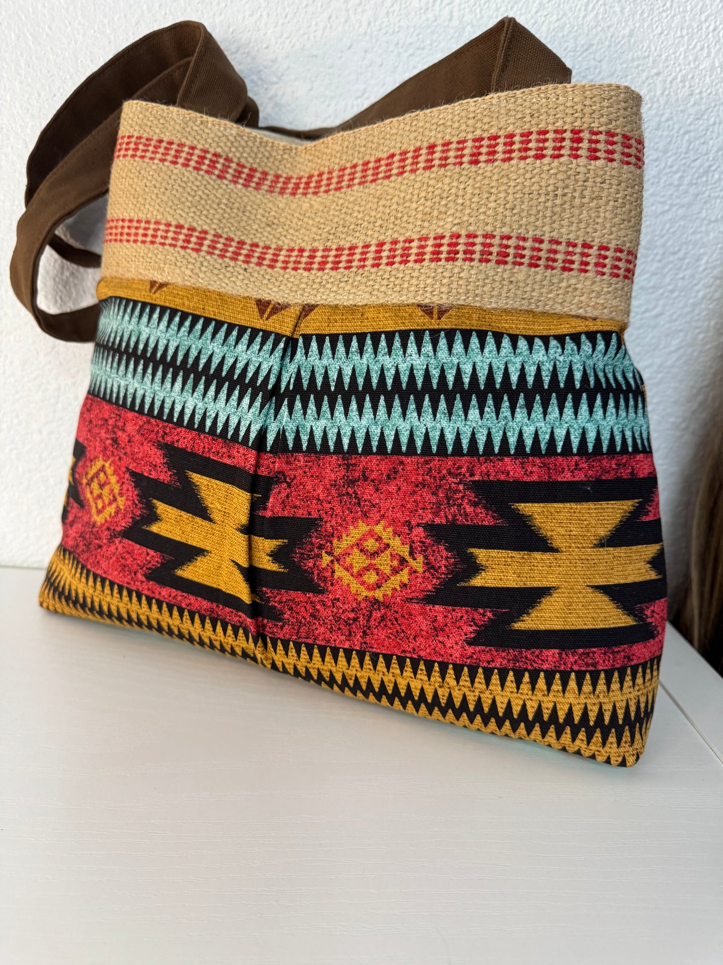 Red Southwest Print Tote with Jute Webbing and Red Button