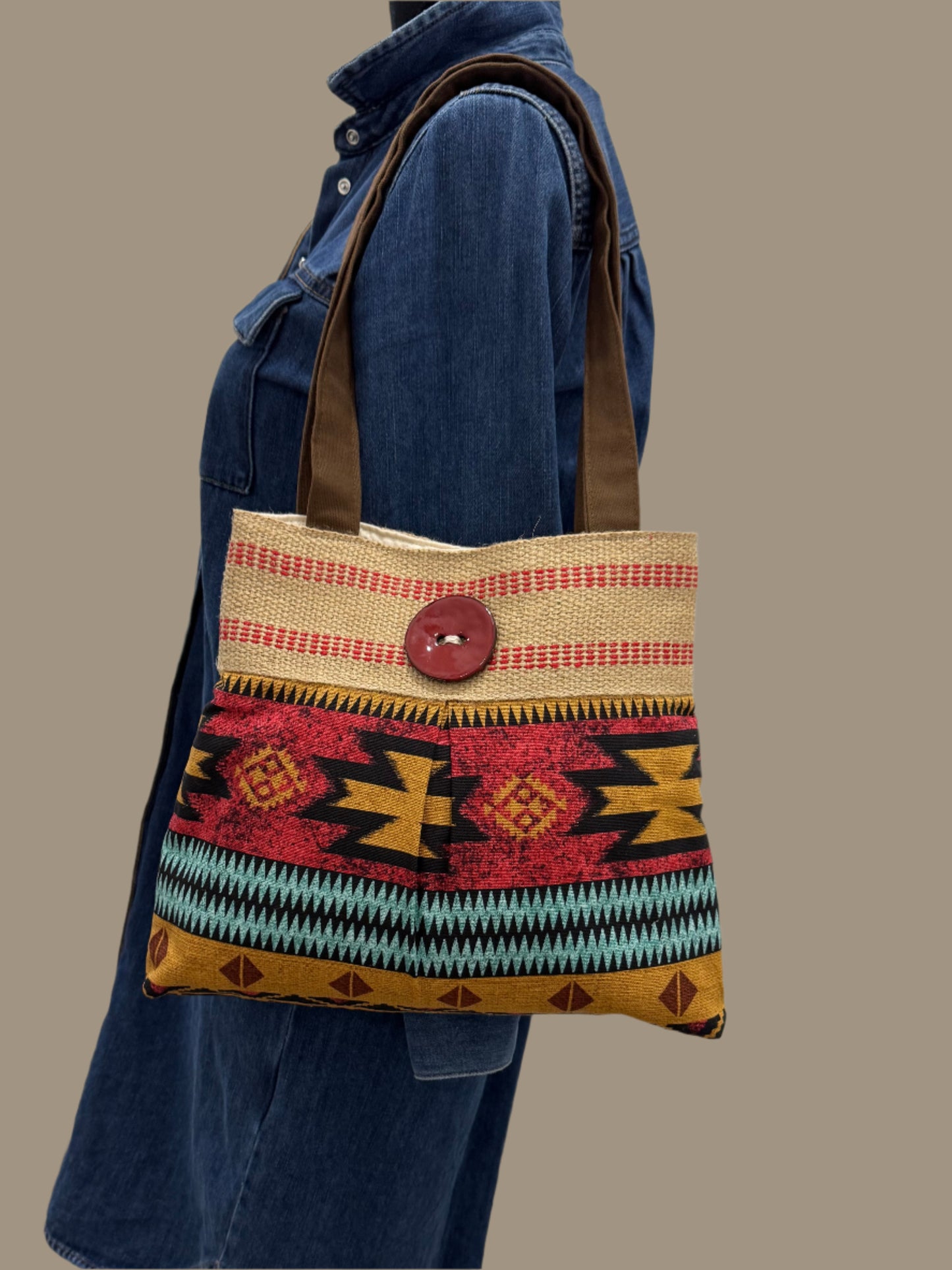 Red Southwest Print Tote with Jute Webbing and Red Button