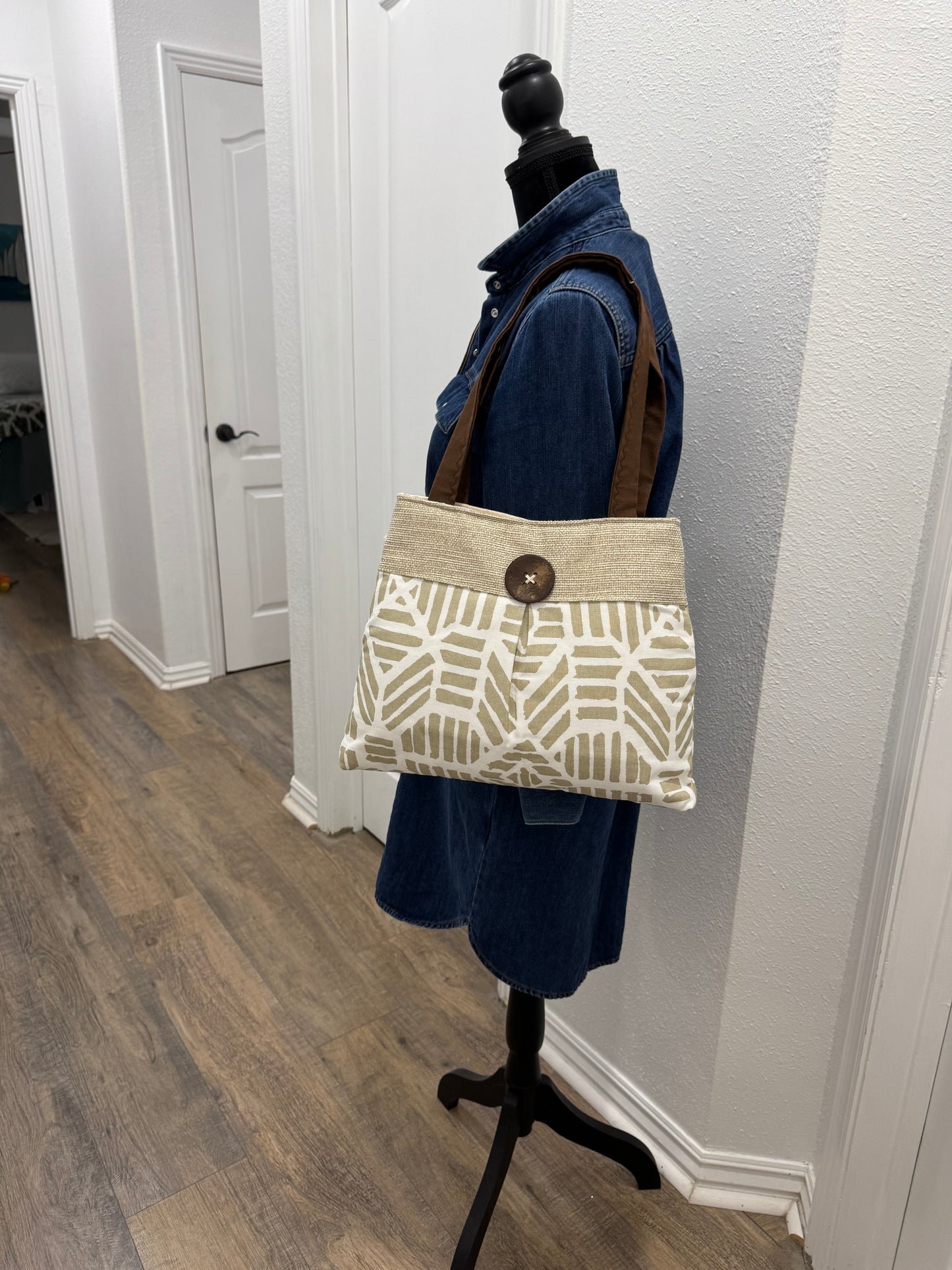 Gold and Beige Pleated Handbag Purse Tote with Button