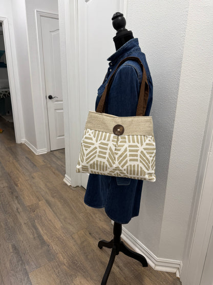 Gold and Beige Pleated Handbag Purse Tote with Button