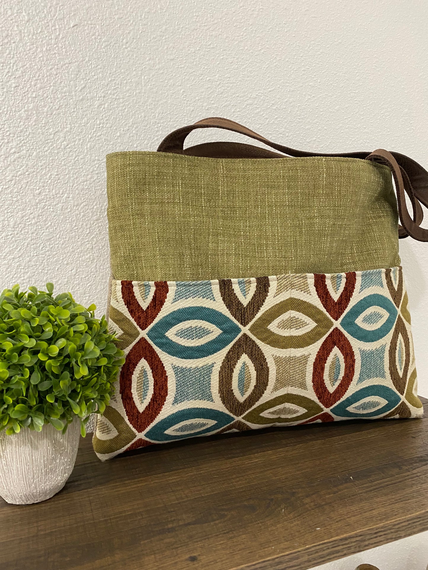 Green and Teal Tapestry Tote Handbag Purse
