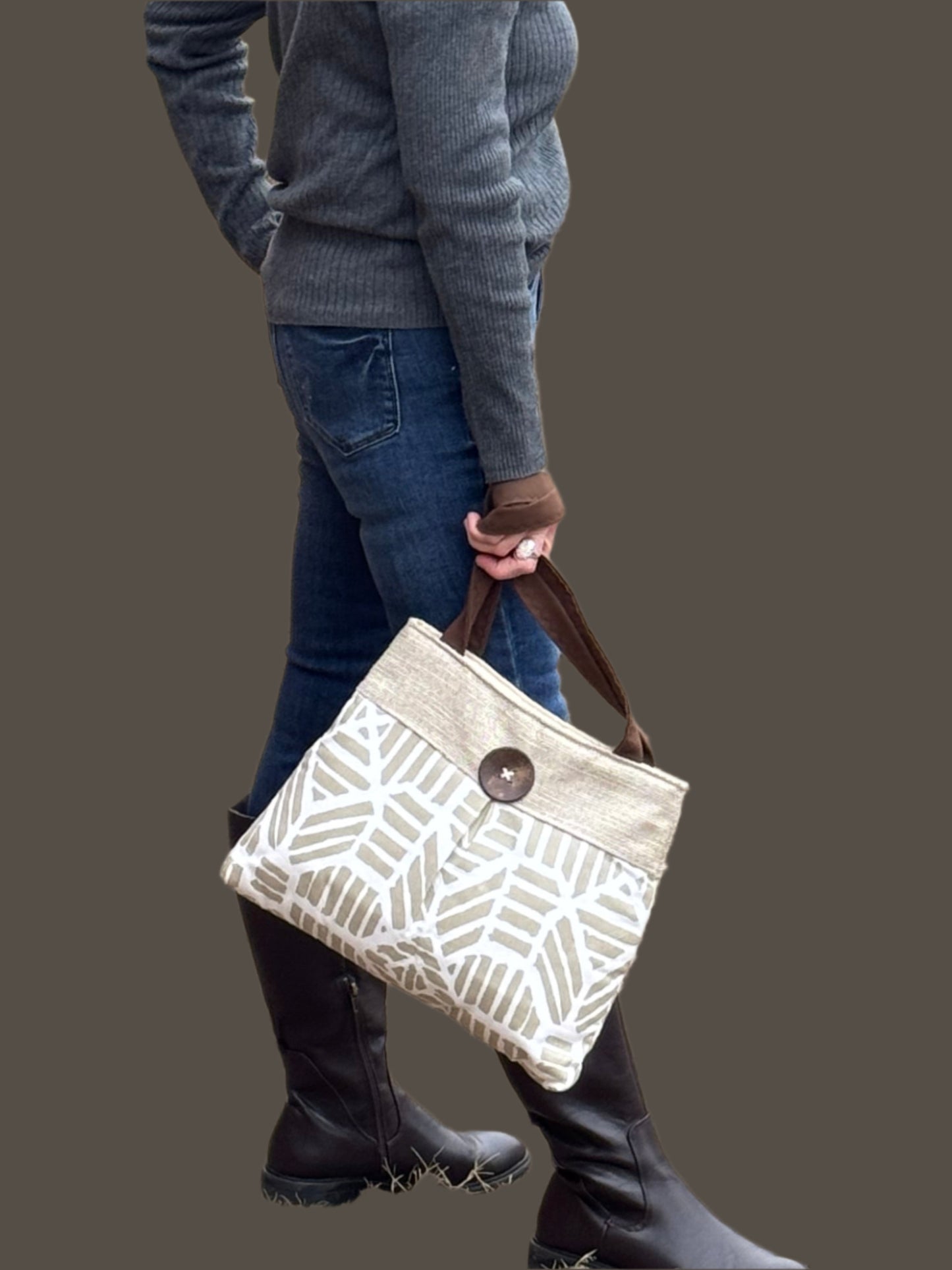 Gold and Beige Pleated Handbag Purse Tote with Button