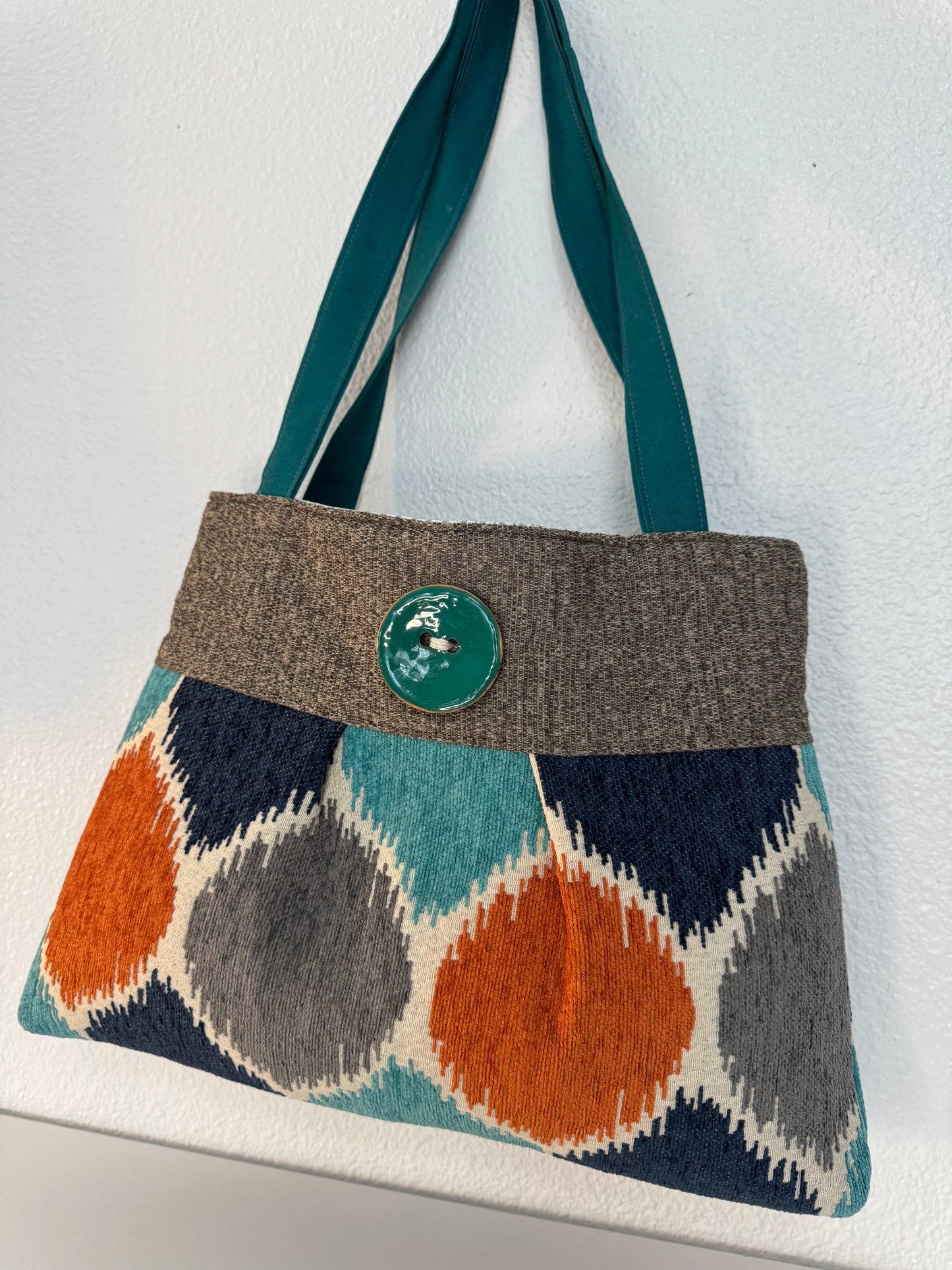 Pleated Teal and Orange Tapestry Purse Handbag with Button