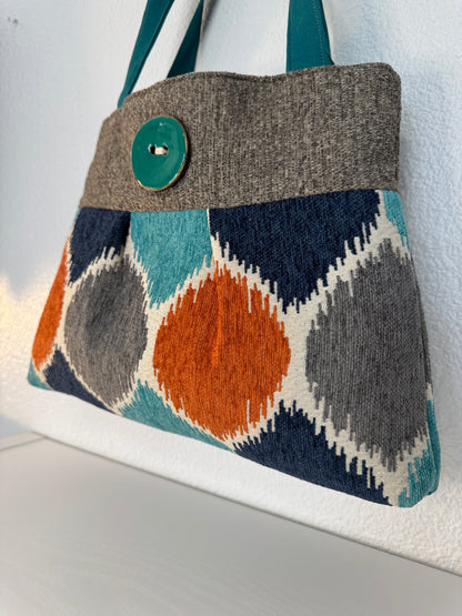 Pleated Teal and Orange Tapestry Purse Handbag with Button