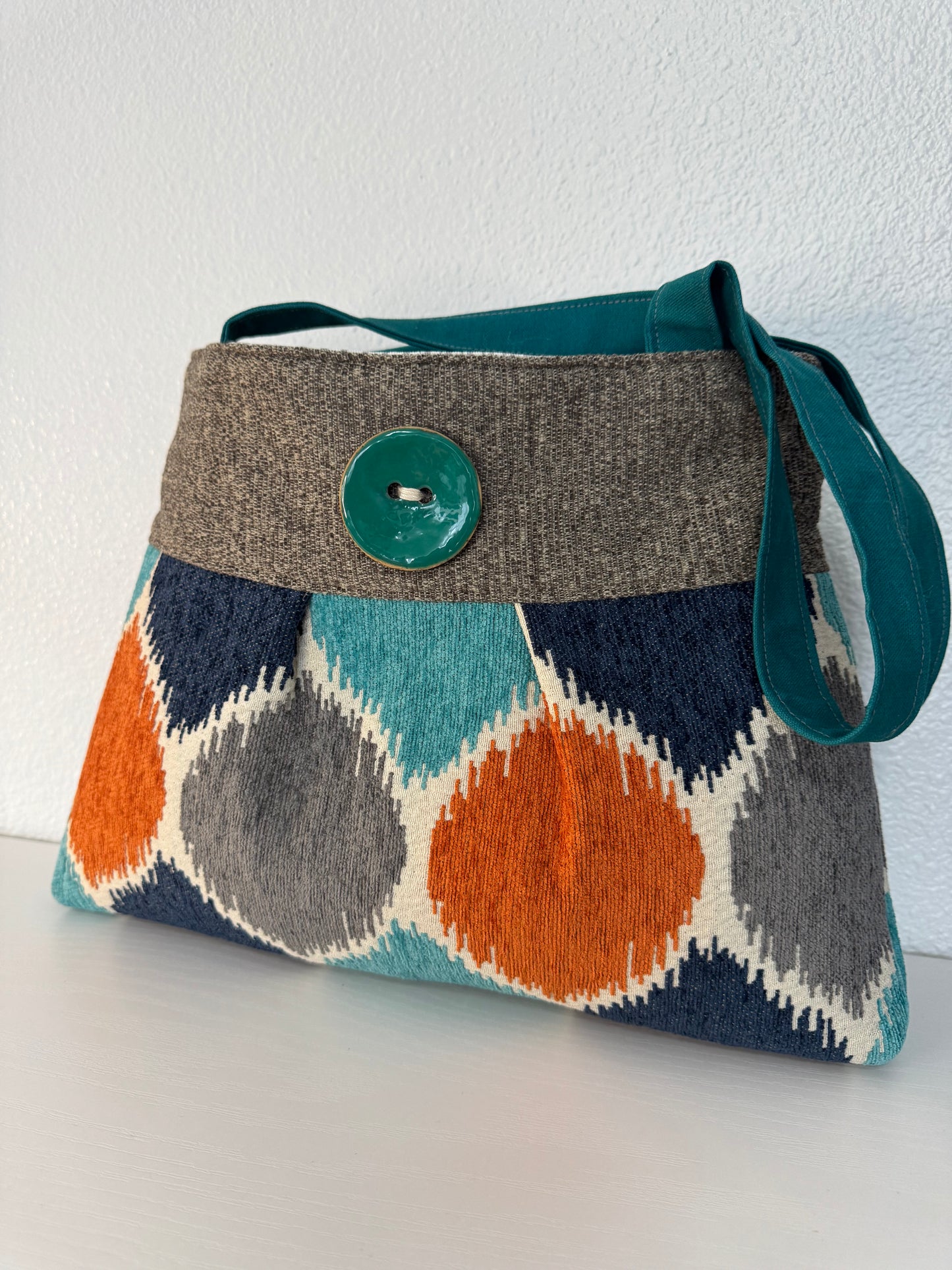 Pleated Teal and Orange Tapestry Purse Handbag with Button