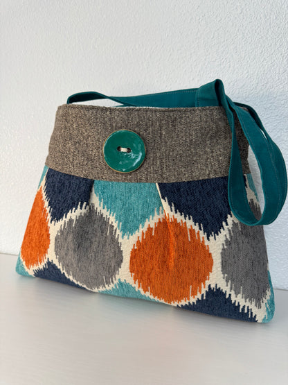 Pleated Teal and Orange Tapestry Purse Handbag with Button