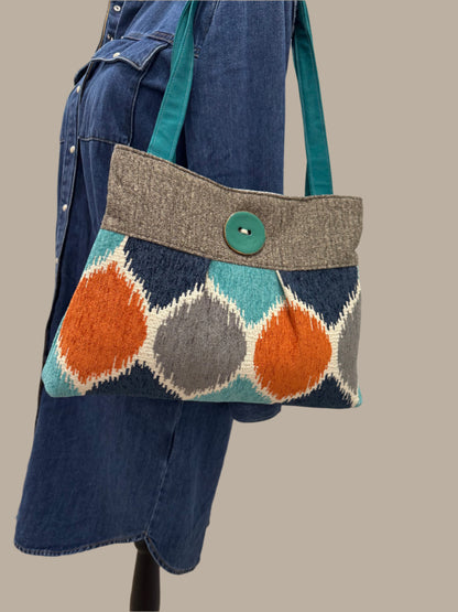 Pleated Teal and Orange Tapestry Purse Handbag with Button