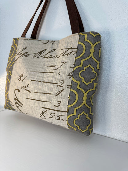 Script Pattern Tote Bag in Gray and Gold