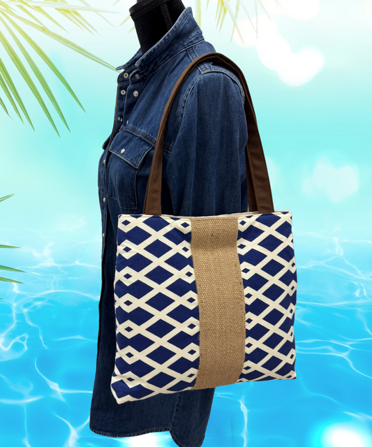 Handbag Purse Tote Bag Shoulder Tote in Navy and White with Jute Webbing