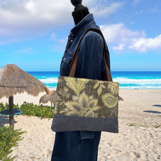 Handbag Purse Tote Bag Shoulder Tote in Blue and Brown Floral